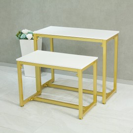 CIVANA Metal Shoe Handbag Display Stand, Nesting Tables 2 Piece Set, Display Riser Shelf for Retail Stores, Iron and Wood, Gold