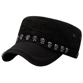 Oversize Cadet Hat Women Hip Hip Punk Rock Rivet Cotton Baseball Caps Big Head Men Army Sun Caps Dad Flat Top Fitted Hats (US, Alpha, One Size, Head 55-58cm, Black 2)