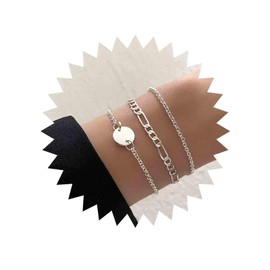 Yienate Unique Boho Sequin Bracelets Silver Chunky Flat Cable Hand Chain Punk Bangles Set of 3 Slave Bracelets Jewellery Gift for Women and Girls, Silver Metal