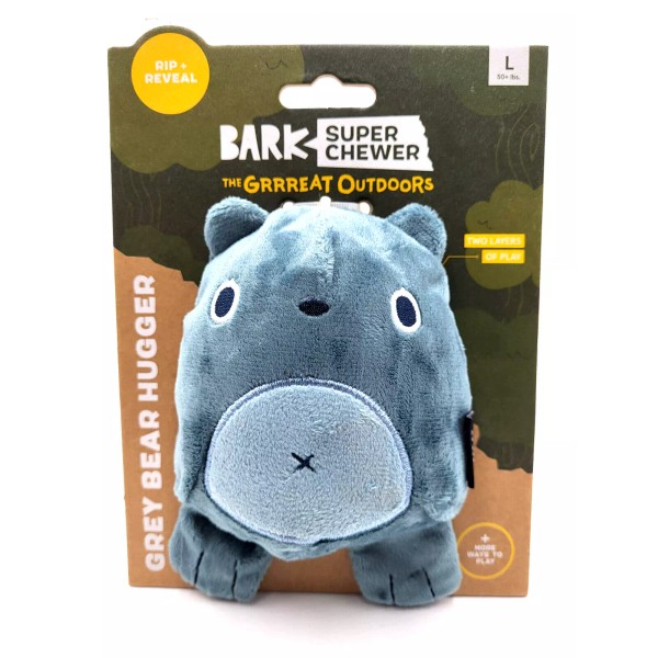 BarkBox Super Chewer Grey Bear Hugger Durable Treat Dispensing Dog
