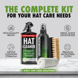 4-in-1 Professional Hat Cleaning Kit - Removes Dirt and Stains, Gentle Cleaner for Baseball Caps, Cowboy, and Felt Hats - Includes Hat Deodorizer, Brush, and Microfiber Cloth