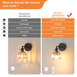 Shenmoyl Vintage Battery Operated Wall Sconce with Amber Tulip Glass Lampshade Wireless Rechargeable Battery Powered Black Wall Light with Remote Control for Bedside Bedroom Doorway