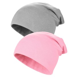 Kiiwah Pack of 2 Children's Slouch Beanie Hats, Soft Winter Hats for Boys and Girls, Warm Children's Hats, Double Layer Baby Knitted Hat for Children, Spring, Autumn, Winter, Pink, grey