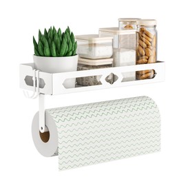 White Paper Towel Holder Wall Mount with Shelf - Adhesive Hand Towel Rack, Space-Saving for Bathroom, Kitchen, RV Camper