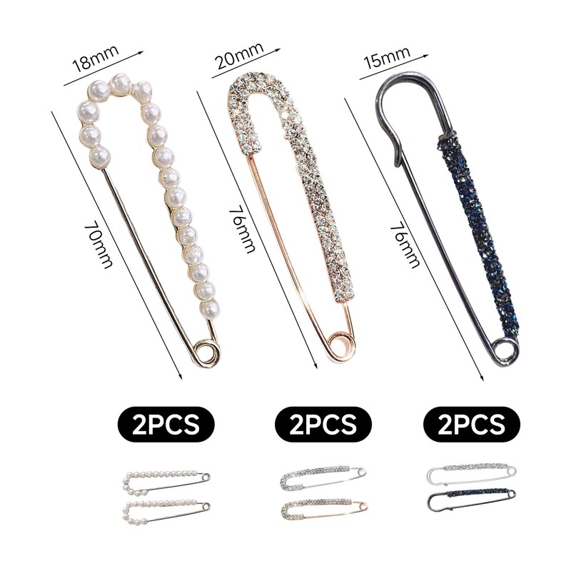 Pack of 6 Safety Pins, Diamond Brooches, Pearl Brooches for