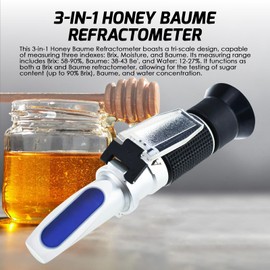 Honey Brix Tri-Scale Refractometer with ATC - Measures 58-90% Brix, 38-43 Be' (Baume), and 12-27% Water - Ideal for Beekeepers and Honey Enthusiasts