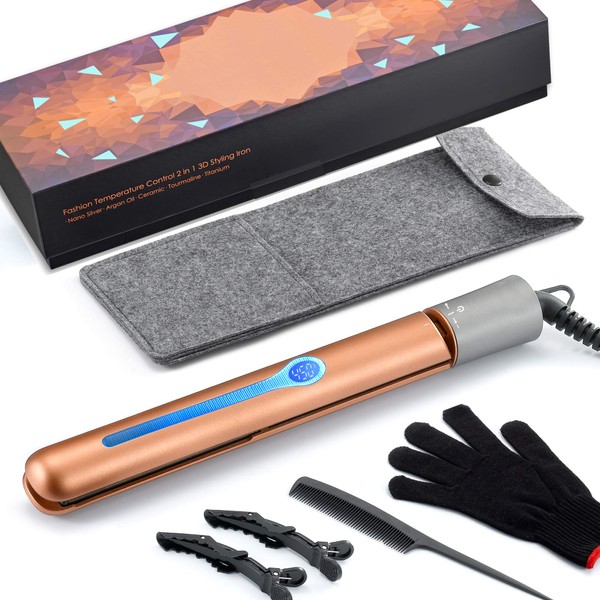 NITION Pro Hair Straightener 1 inch Argan Oil Tourmaline Ceramic Titanium Heating Plate for Healthy Styling,2-in-1 Digital LCD 265-450°F Straightening Flat Iron & Curling Iron for All Hair Type,Gold