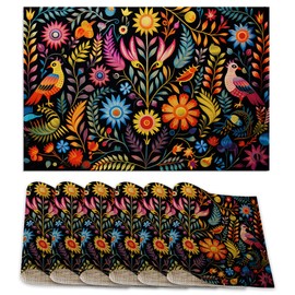 6 Pcs Placemats,Mexico Floral Placemats,Art Birds Table Mats Washable Recyclable Table Placemat for Indoor Outdoor Heat Resistant Kitchen Dining 12"x18"