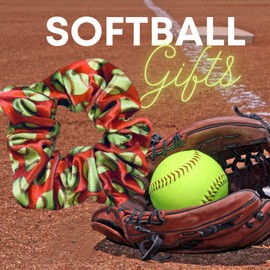 Softball Scrunchie, Softball Hair Accessories, Girls Softball Premium Velvet Scrunchie, Gift for Softball Player and Softball Teams (Red)