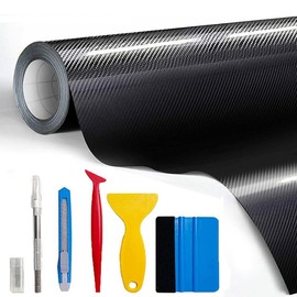 12" x 60" Gloss Black Carbon Fiber Car Wrap Vinyl Bubble Free Air Release Adhesive Car Wrap Film Roll Automotive DIY Decals with Cutter, Vinyl Squeegee,and Hand Tool ( 1 FT x 5 FT) - With 6pcs Wrap Tools