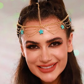 Ursumy Boho Layered Turquoise Head Chain Gold forehead beads Hair Chain Festival star Pendant Headpieces for Women (Gold)