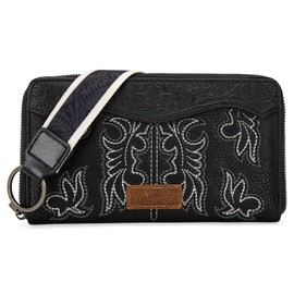 Wrangler Wristlet Western Wallet for Women Floral Tooled Clutch Boot Stitch Bifold Wallet with Card Holder WG110-W006BK