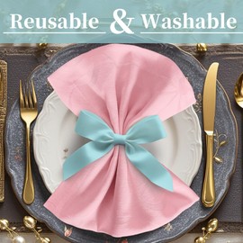 Pink Bow Napkins (18"x18"), Table Napkins Cloth Set of 12 - Cotton & Polyester Blended, Wrinkle/Fade Resistant - Reusable Napkins Washable, Luxury Jacquard Napkins for Engagement Party & Wedding