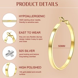 KRFY Hoop Earrings For Women 925 Sterling Silver Post Hypoallergenic 14K Gold Plated Large Hollow Tube Hoops 4mm Gold Big Hooped Earrings 50mm