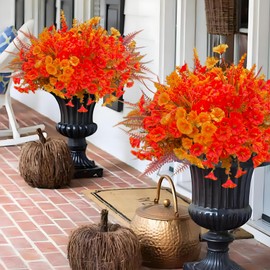 Artificial Mums Fake Fall Flowers Plants for Outdoors, 12 Bundles Faux Orange Yellow Silk Petunias Look Real UV Resistant for Outside Planters Porch Patio Autumn Decoration