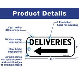 Deliveries Sign with Arrow, 2-Pack 14x6 Inches Rectangle Rust Free Aluminum Metal Sign,Weather/Fade Resistant,Easy to Mount,Black on White,Indoor/Outdoor Use (Left)