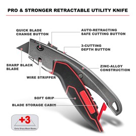 HAUTMEC Heavy-Duty Utility Knife, Safety Box Cutter with Auto-Retracting & 3-Position Locking Dual-System, Built-In Wire Stripper, Blade Storage and 3 Ultra-sharp SK4 Blades – HT0311