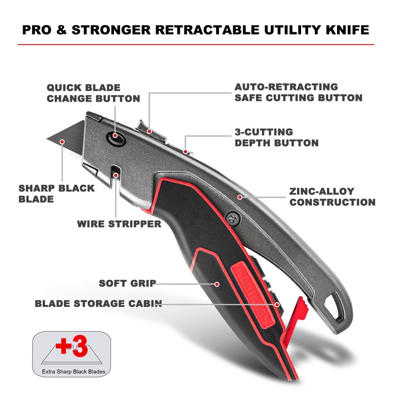 HAUTMEC Heavy-Duty Utility Knife, Safety Box Cutter with Auto-Retracting &