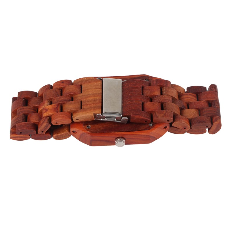 Geometric Dial Sandalwood Watch Calendar Quartz Movement Analog Wristwatch Red