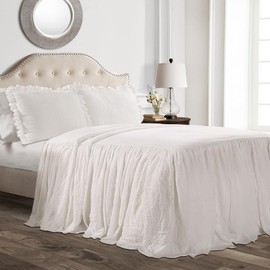 TRP 3 Piece Lightweight Shabby Chic Style Quilted Bedspread Cal.King Size with Pretty Ruffled Drop Design | All Seasons Farmhouse Bedding Ivory Cream White Color Aesthetic Look Soft Plush Cozy Feel
