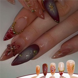 Medium Almond Press on Nails Fake Nails with Brown 3D Flower and gold Pearl Designs Stick on Nails for Women 24 Pcs (Brown-12, M-12)
