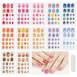 JSRQT 12 Blatt Cartoon Nagelkunst Aufkleber, Buntes Selbstklebend Nagellackaufkleber, Komplett Umwickelte Nail Art Stickers mit Nagelfeile, Damen Mädchen Nagelsticker DIY Maniküre Nagelkunst Dekor