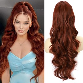 YEESHEDO Long Wavy Ponytail Hair Extension for Women Drawstring Ponytail Hair Extensions Clip in Curly Synthetic Hairpiece (Copper Red)