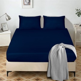 My home store Fitted Sheet 25 cm Deep Brushed Microfiber Ultra Soft No-Iron Wrinkle-Resistant Plain Dyed Fitted Bed Sheets Hypoallergenic Breathable Sheets (Navy Blue, Single)