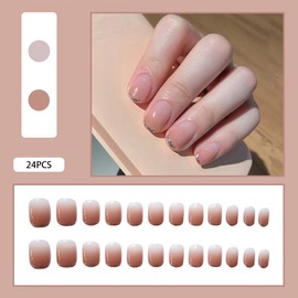 24Pcs Acrylic Press on Nails Short Square Fake Nails White Ombre False Nails with French glitter Tips Press ons Designs Nails Press on Artificial Nails Stick on Nails For Women Girls