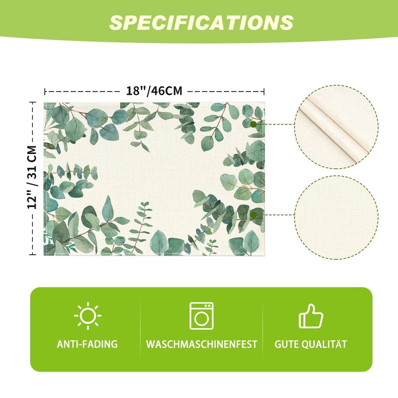 Artoid Mode Eucalyptus Leaves Summer Placemats Set of 4, 12x18