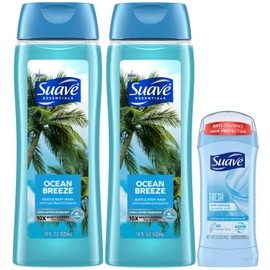 Suave Body Wash Ocean Breeze 2-Pack + Fresh Antiperspirant Deodorant – Gentle Body Washes with Vitamin E & Anti-Staining Invisible Solid Deodorant Stick, 48H of Protection