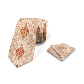 Ambesonne Antique Men's Tie Set, Botanical Nature Pattern with Vintage Byzantine Floral Design Elements, Necktie Set Groom Handkerchief for Parties Weddings & All Occasions, Beige Rust and Tan