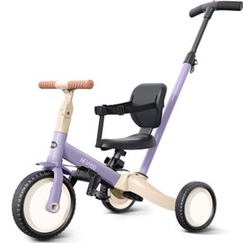 newyoo Toddler Tricycle with Push Handle for 1-3 Year Old, Toddler Bike, Birthday Toy for Boys and Girls, 5 in 1 Kids Trike, Balance Bike with Backrest and Safety Belt, Purple, TR007