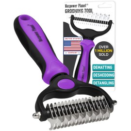 Maxpower Planet Pet Grooming Brush - Double Sided, Extra Wide for Dogs and Cats - Dematting Undercoat Rake, Reduces Shedding by 95%, Purple