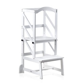 Adjustable Height Kitchen Step Stool,Kids Learning Stool,Mothers' Helper, OUZIO Kitchen Toddler Standing Tower Stool Helper for Kids with Safety Rail White Color