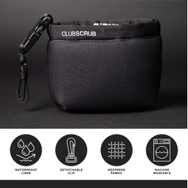 Club Scrub Golf Club and Golf Ball Cleaning Bag, Waterproof Clean Face Technology Liner, Perfectly Dry Neoprene Exterior, Detachable Clip, Machine Washable, Cleans Club Grooves, Black