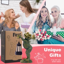 Tiejiajiang Frog Statue with Solar Lantern - 10 Inch Resin Solar Outdoor Yard Lawn Garden Decor - Unique Design Gifts for Women,Mom Men (Copper)