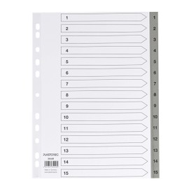 Dividers/Index Sheets, Polypropylene, DIN A4 with Numbers 1–15, Full Coverage, Cover Sheet Made of Sturdy Paper for Labelling, 5-Pack of 15 Dividers, Extra Wide for Organising Files in the Office