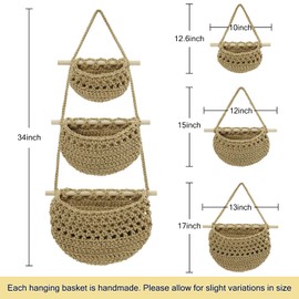 yuuzue 3 Tier Hanging Fruit Basket, Cotton Woven Wall Hanging Basket for Organizing Fruit Vegetable Storage, Boho Wall Baskets for Kitchen Bedroom Living Room