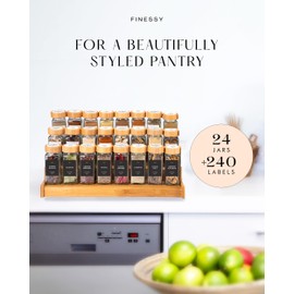 FINESSY 24 Pack Empty Glass Spice Jars with Labels with Bamboo Lids, Seasoning Organizer Jars Spice Containers with Labels Black, Seasoning Containers Airtight Spice Jars Set Kitchen Storage Bottles