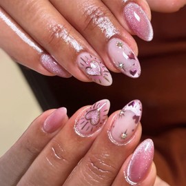 Short Almond Press on Nails Cat eyeFake Nails French False Nails Pink Artificial Nails with Rhinestone and Gold Heart Designs Glitter Handmade Nails Cute Stick on Nails for Women 24pcs