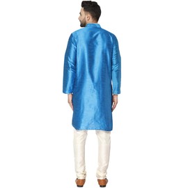 SKAVIJ Mens Indian Kurta Pajama Set Art Silk Evening Attire Casual Trendy Regular Fit Outfit (Medium, Turquoise)