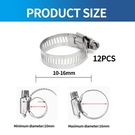 12Pcs 10-16mm Stainless Steel Jubilee Clips Hose Clamps - Adjustable Pipe Clips for Garden, Car, Plumbing & DIY | Quick Install No Tools Needed​