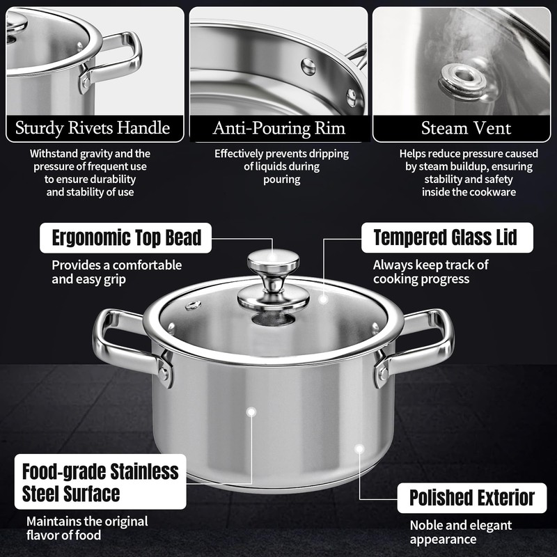 ASKSCICI Stainless Steel Cookware Set, 16-Piece Pots and Pans Set