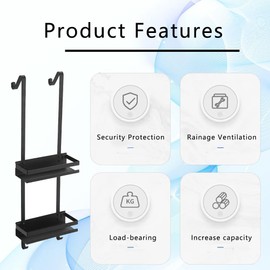 Shower Caddy Hanging Over The Door, Rustproof Shower Organizer, No Drilling Wall Shelves Bathroom with 2-Tier Rack and Hooks, Holds Body WashShampoo, Soap, Towel, Grey