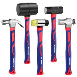 WORKPRO 5-Piece forge/Polish Steel Head, Fiberglass Handle Set - 32oz Rubber Mallet | 16oz Claw & Ball-Peen Hammers | 3lb Sledge | 22oz Double-Faced Mallet