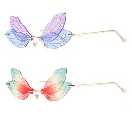 YUELUQU Fashion Rimless Dragonfly Butterfly Wing Sunglasses party cosplay cute funny glasses (Three+blue)