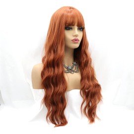 Xiweiya Wigs Long Curly Copper Red Lace Wig with Air Bangs Hair Length Synthetic Wave Heat Resistant Fiber Wigs Middle Parting for Women, Drag Queen Cosplay Makeup (with U Part Lace)