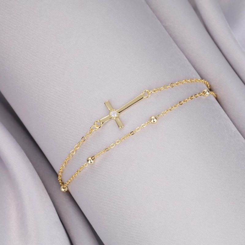 GAVU Double Chains 14K Gold Plated Cross Bracelet for Women,