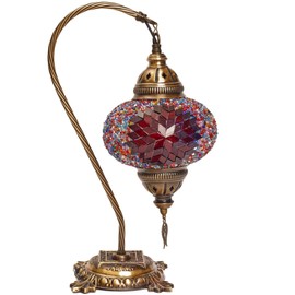 Anatolian Turkish Mosaic Swirl Lamp - Handcrafted 15" Multicolor Artisan Table Lamp, Moroccan Lantern Style, Green Stained Glass, Curved Bronze Base, LED Bulb Included